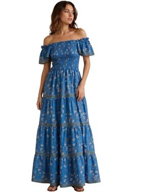 MAX STUDIO BLUE FLORAL BOHO MAXI DRESS M